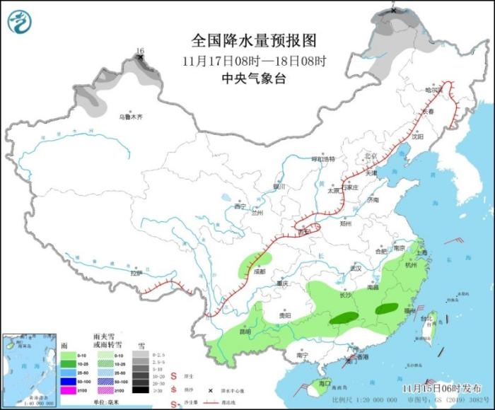 全國降水量預(yù)報(bào)圖(11月17日08時(shí)-18日08時(shí))