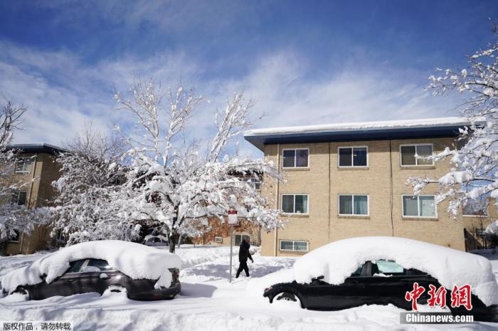 資料圖：當?shù)貢r間2021年3月15日，美國科羅拉多州丹佛，當?shù)赜瓉韽姳╋L雪天氣，城市被積雪覆蓋。