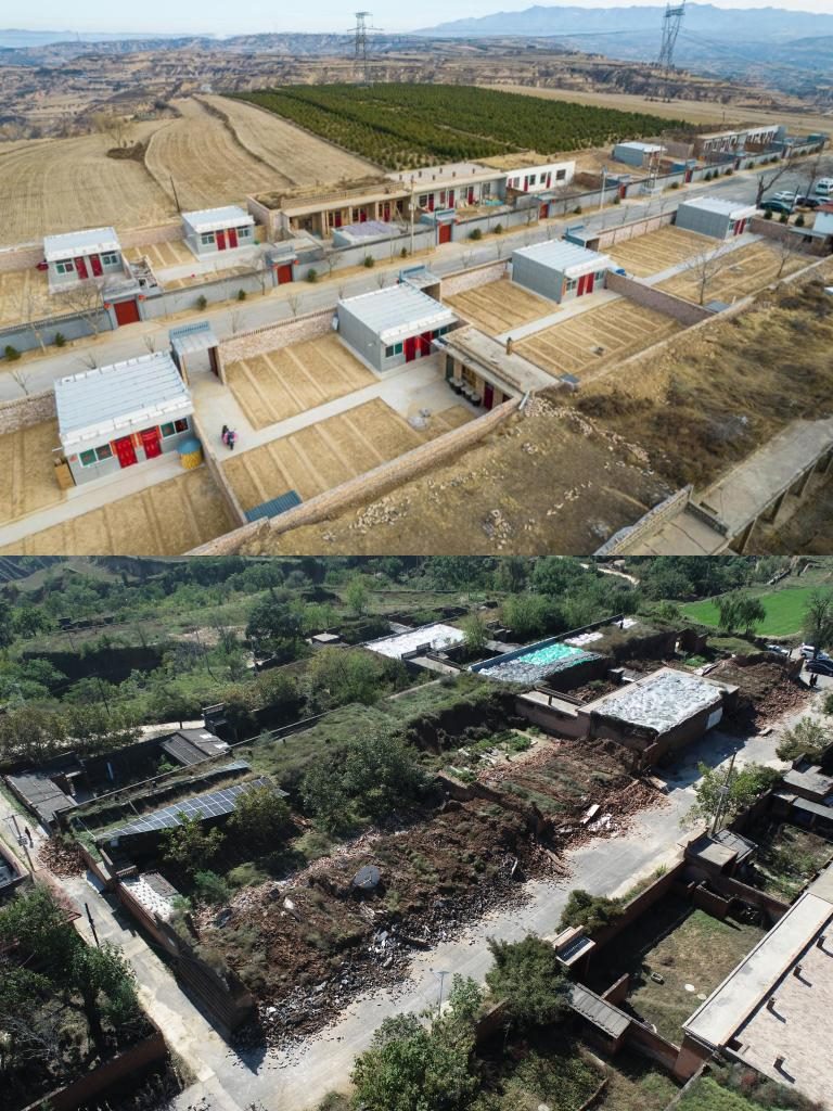 拼版照片，上圖是2022年1月山西省霍州市師莊鄉(xiāng)馮南垣村災(zāi)后恢復(fù)重建后的場(chǎng)景，下圖是2021年10月村莊因?yàn)?zāi)受損的場(chǎng)景。(霍州市委宣傳部供圖)