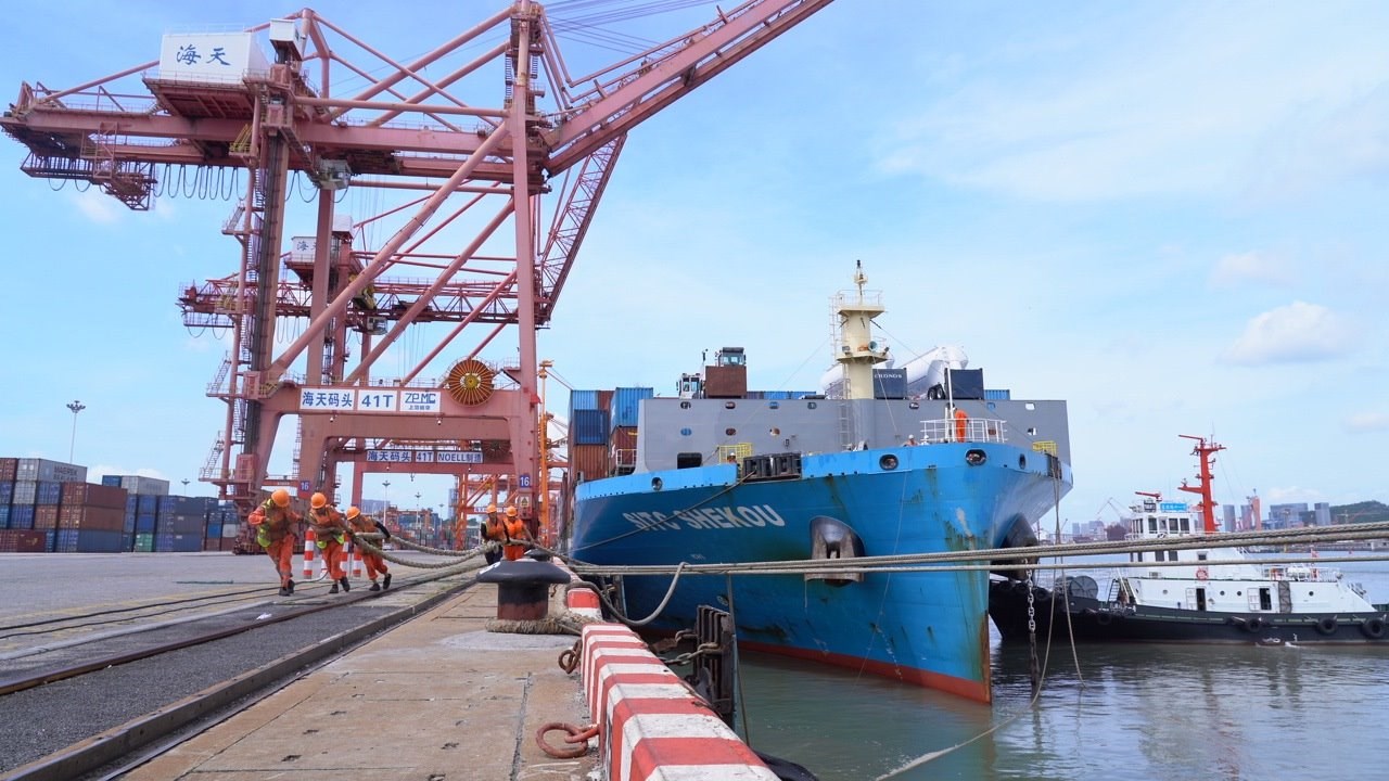 7月22日上午，“絲路海運”電商快線“海豐蛇口”輪?？繌B門海天碼頭12號泊位裝卸集裝箱貨物。人民網記者 蘭志飛攝