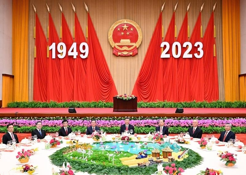 △2023年9月28日，慶祝中華人民共和國(guó)成立74周年招待會(huì)在北京人民大會(huì)堂舉行。