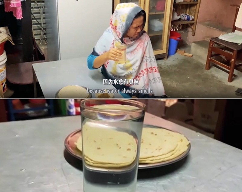 圖為紀(jì)實(shí)短片截圖：上圖為水質(zhì)未改善前，飲用水發(fā)黃渾濁；下圖為水廠建成后，飲用水水質(zhì)明顯改善，清澈透明。