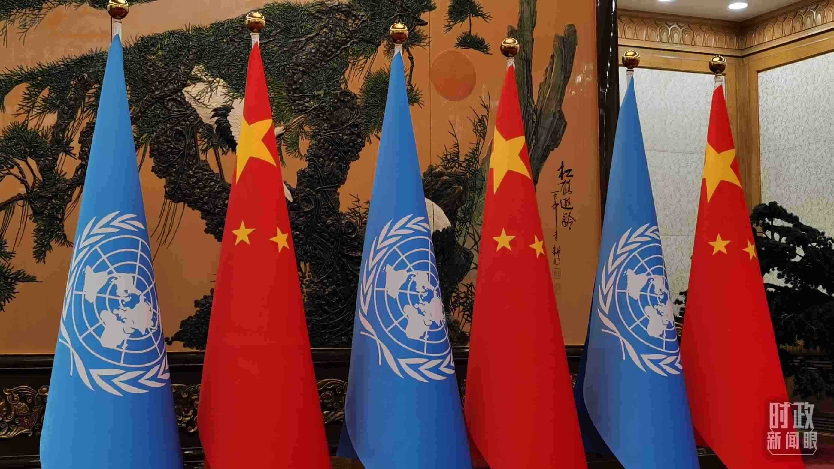 △會(huì)見現(xiàn)場的中國國旗和聯(lián)合國旗。（總臺(tái)央視記者郭鴻拍攝）