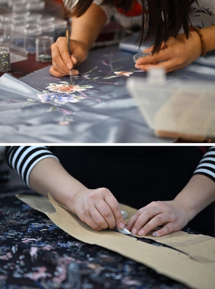 拼版照片：上圖為老美華定制車間的制衣師傅在面料上貼鉆；下圖為老美華定制車間的制衣師傅在面料上劃線（2023年12月8日攝）。天津老美華始創(chuàng)于1911年，歷史上以“千層底”布鞋聞名，是享譽津門的“中華老字號”。新華社記者 李然 攝