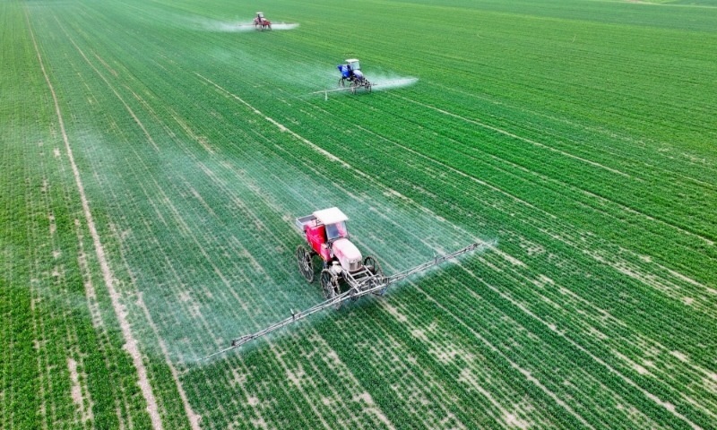 2024年2月18日，安徽省亳州市，利辛縣紀王場鄉(xiāng)孫老家村麥田，農(nóng)民駕駛自走式高桿噴霧機對小麥進行噴藥作業(yè)。