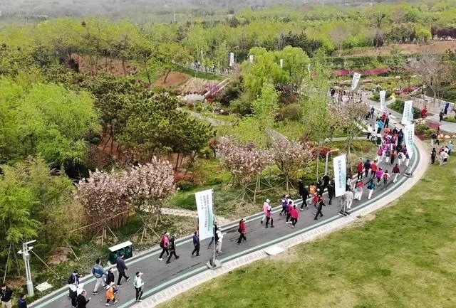 4月27日，登山愛好者在浮山森林公園參加登山健身活動（無人機照片）。新華社記者 李紫恒攝