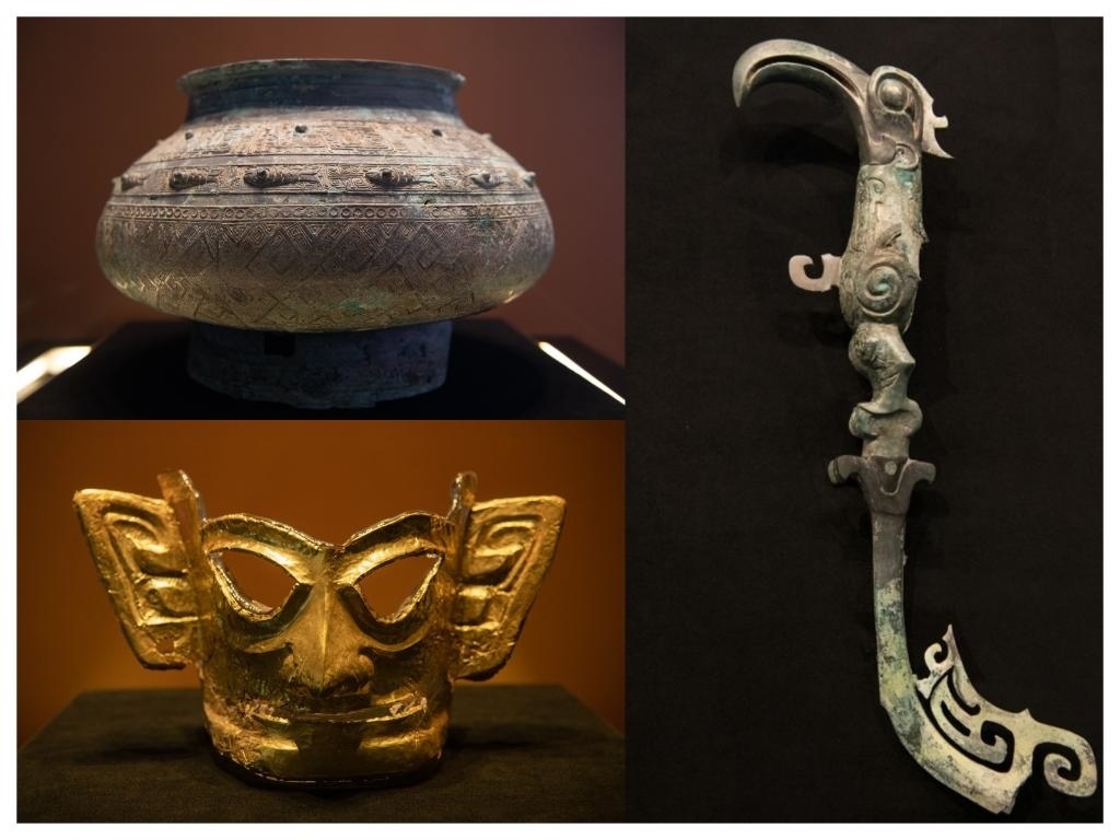 拼版照片：左上圖為青銅瓿，左下圖為黃金面具，右圖為青銅樹枝。新華社記者唐文豪 攝