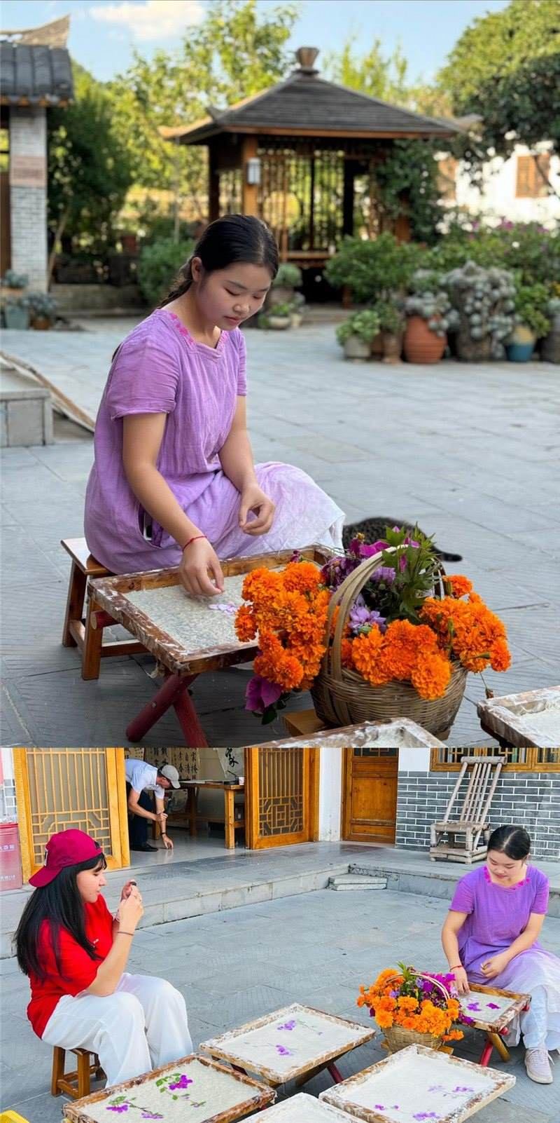 沒有女生不愛花。以古法造紙技藝為基礎(chǔ)，再輔以花草枝葉勾勒各式圖案，創(chuàng)作出花茂村獨具特色的紙漿壓花畫，少女手中的花是她眼中的風(fēng)景，而她與正在制作的紙漿壓花畫也是別人眼中的風(fēng)景。（哈薩克斯坦BAQ通訊社高級記者古爾詹·拉曼庫洛娃、張亞欣攝）