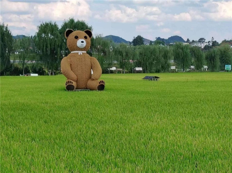 稻穗搖曳，垂柳依依，山嵐多姿，好一幅歲月靜好山鄉(xiāng)恬靜圖。這憨厚俏皮的熊玩偶造型，像是亂入其中，形成現(xiàn)代與傳統(tǒng)、好動與寧靜的反差感，讓人過目不忘，也讓人莞爾一笑。（哈薩克斯坦鳳凰24新聞社總編輯兼首席執(zhí)行官克馬爾·馬山羅攝）