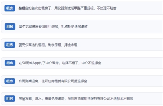 網友涉及租房消費中的相關投訴問題。（“人民投訴”用戶投訴截圖）