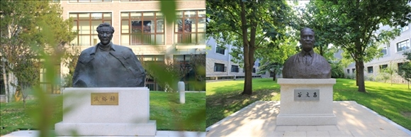 拼版照片：左圖為中央黨校（國家行政學(xué)院）校園內(nèi)的焦裕祿雕塑；右圖為中央黨校（國家行政學(xué)院）校園內(nèi)的谷文昌雕塑。