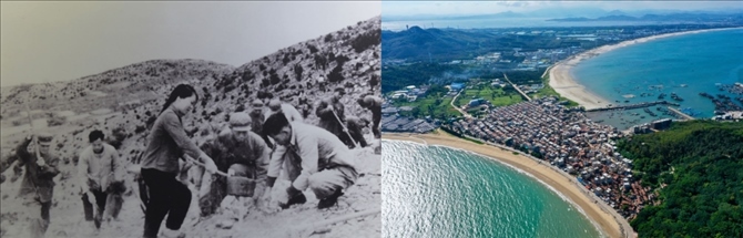 拼版照片：左圖為東山縣群眾在荒山上種植樹苗（資料照片）；右圖為2020年6月18日拍攝的東山縣陳城鎮(zhèn)澳角村附近風(fēng)光（無人機(jī)照片，新華社記者 姜克紅 攝）。