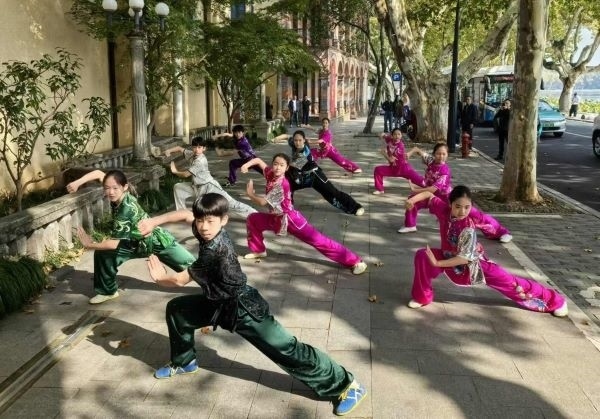 杭州市陳經(jīng)綸體校武術(shù)隊學(xué)生們展示中華武術(shù)。 人民網(wǎng)記者 楊磊攝