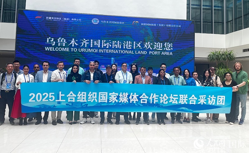 5月26日，外國媒體人在烏魯木齊國際陸港區(qū)合影留念。 人民網(wǎng)記者 翟轉(zhuǎn)麗攝