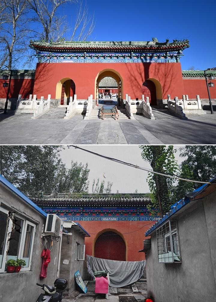 位于先農(nóng)壇內(nèi)的慶成宮，曾長(zhǎng)時(shí)間被雜亂的民居占據(jù)。在北京中軸線申遺保護(hù)工作的帶動(dòng)下，北京完成了慶成宮區(qū)域文物征收騰退、非文物建筑拆除、彩畫保護(hù)、本體修繕、展覽布陳等，讓560多年歷史的古建群重新回歸。2024年12月，北京中軸線上先農(nóng)壇內(nèi)的慶成宮首次面向社會(huì)公眾開放。上圖為騰退修繕后的慶成宮內(nèi)宮門（資料照片）；下圖為翻拍的慶成宮內(nèi)宮門騰退修繕前的資料照片（2024年12月21日攝）。